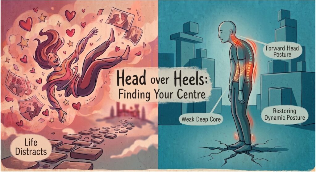a depiction of image showing falling love on the left side of picture, saying "life distracts", and a person looking slouched and sad on the right with bubbles pointing toward neck and core. "Forward head posture" and "deep core weakness". small title in bubble saying "Restoring Dynamic posture"